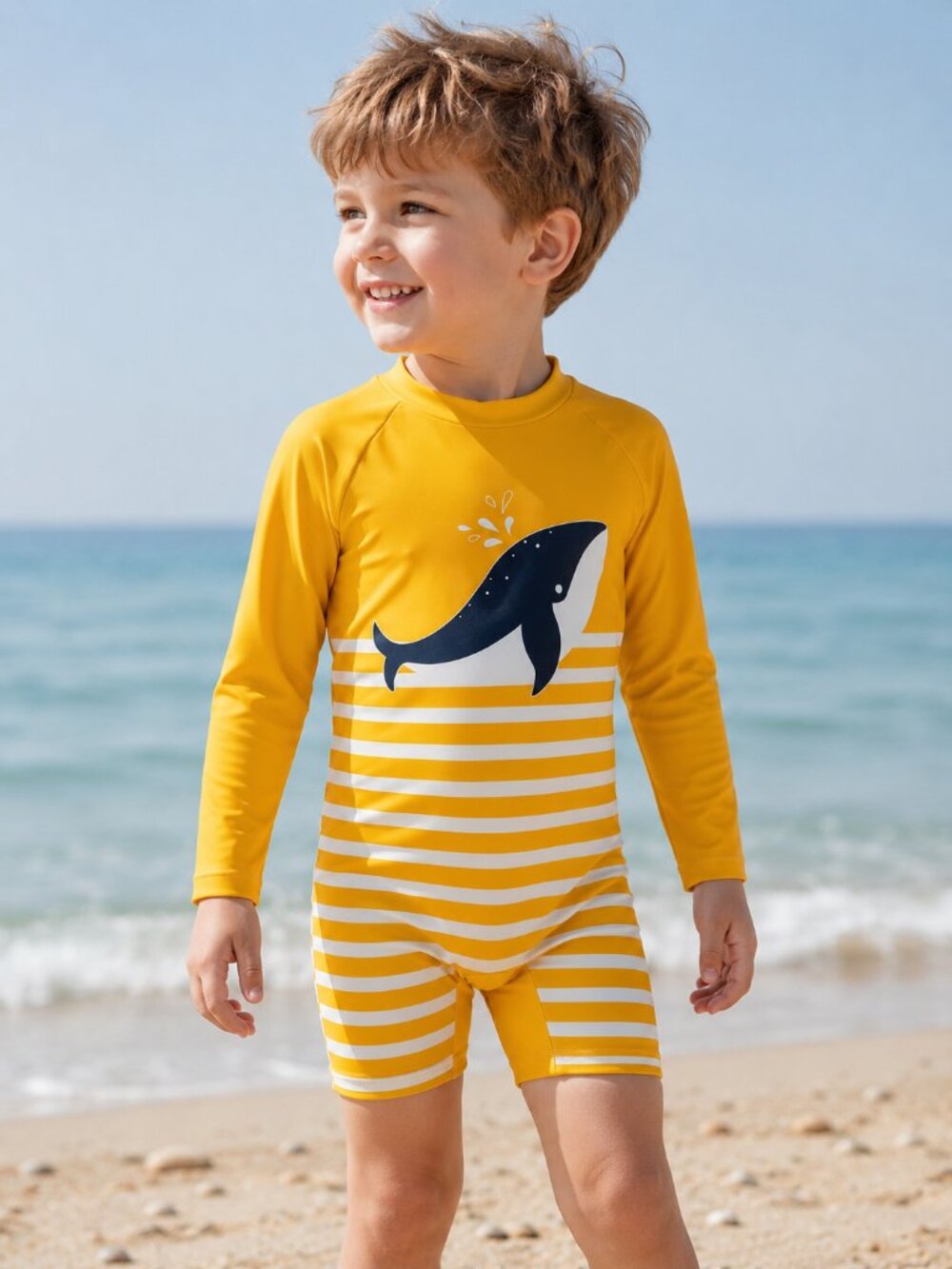 Kids Yellow Whale Beach Rash Guard Swimsuit UPF Swim Romper Size 110
